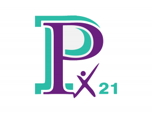 PX21 logo. Large P; followed by a stick person in the shape of an X; followed by the number 21.